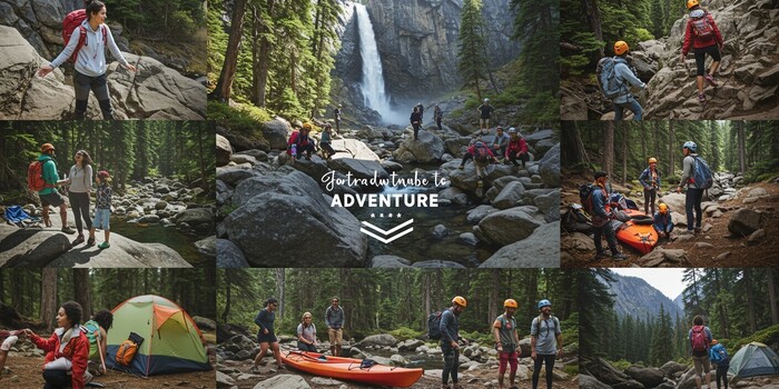 Adventurers exploring nature through hiking, rafting, and skiing in breathtaking U.S. landscapes.