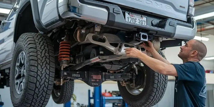 Mechanic inspecting the suspension of a Tacoma long-travel kit, ensuring optimal off-road performance.