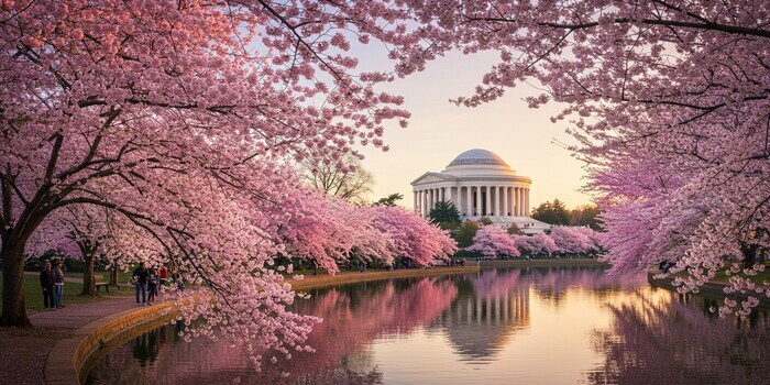 Washington, D.C. in April with cherry blossoms in full bloom, creating a breathtaking spring scene.